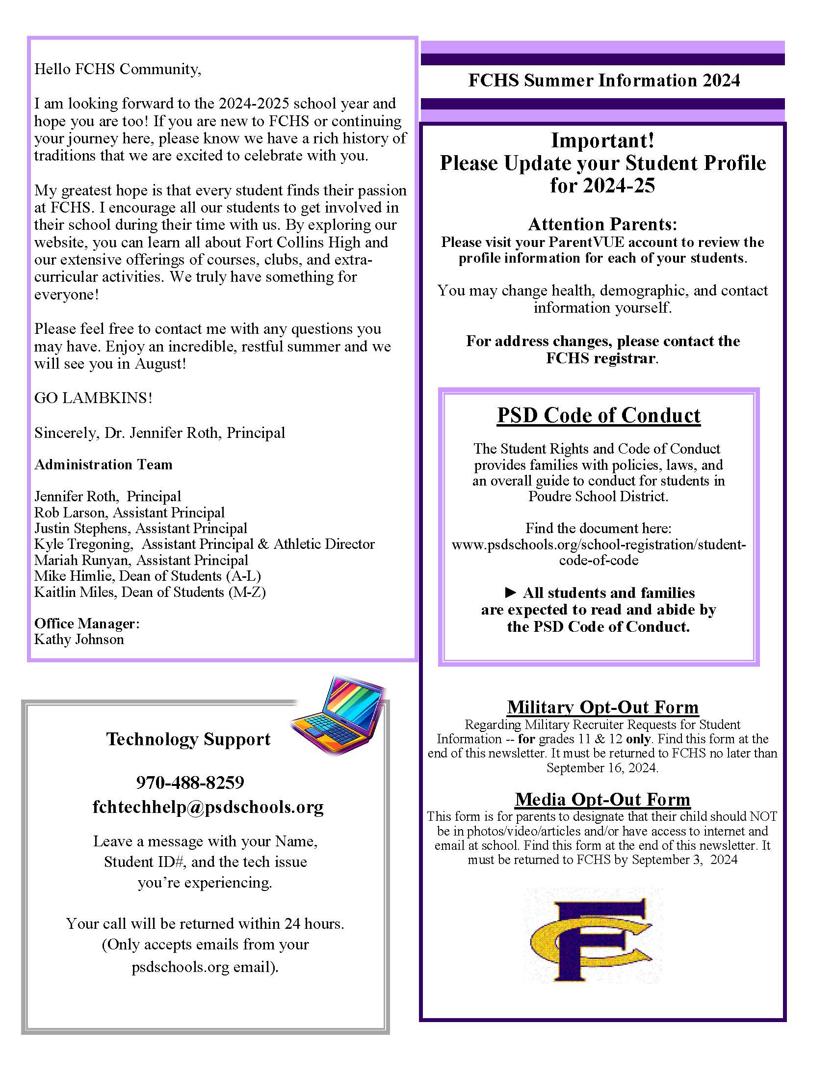 FCHS 2024 Summer & 2425 school year information Fort Collins High School